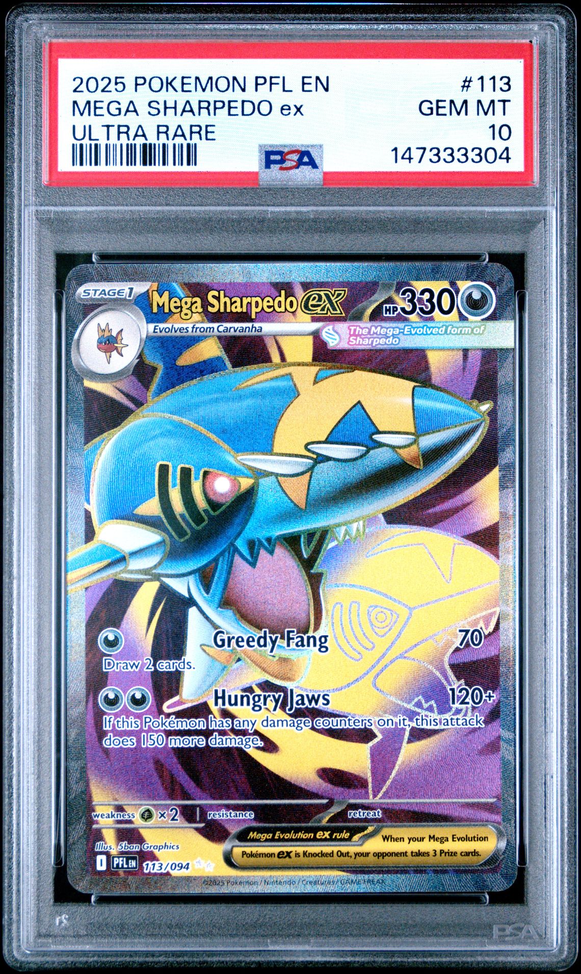 2025 Pokemon Pfl En-Phantasmal Flames Mega Sharpedo Ex #113 (Ultra Rare) Gem Mt 10 front