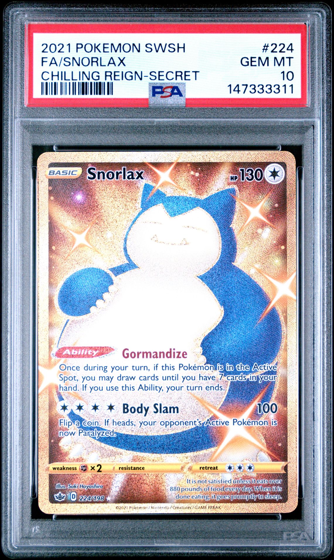 2021 Pokemon Sword & Shield Chilling Reign Fa/Snorlax #224 (Chilling Reign-Secret) Gem Mt 10 front