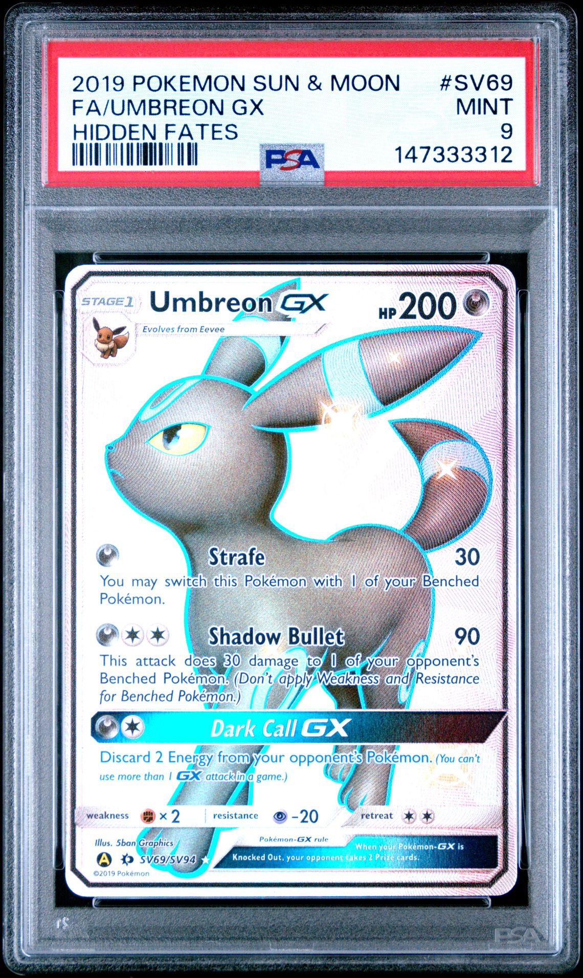 2019 Pokemon Sun & Moon Hidden Fates Fa/Umbreon Gx #Sv69 (Hidden Fates) Mint 9 front