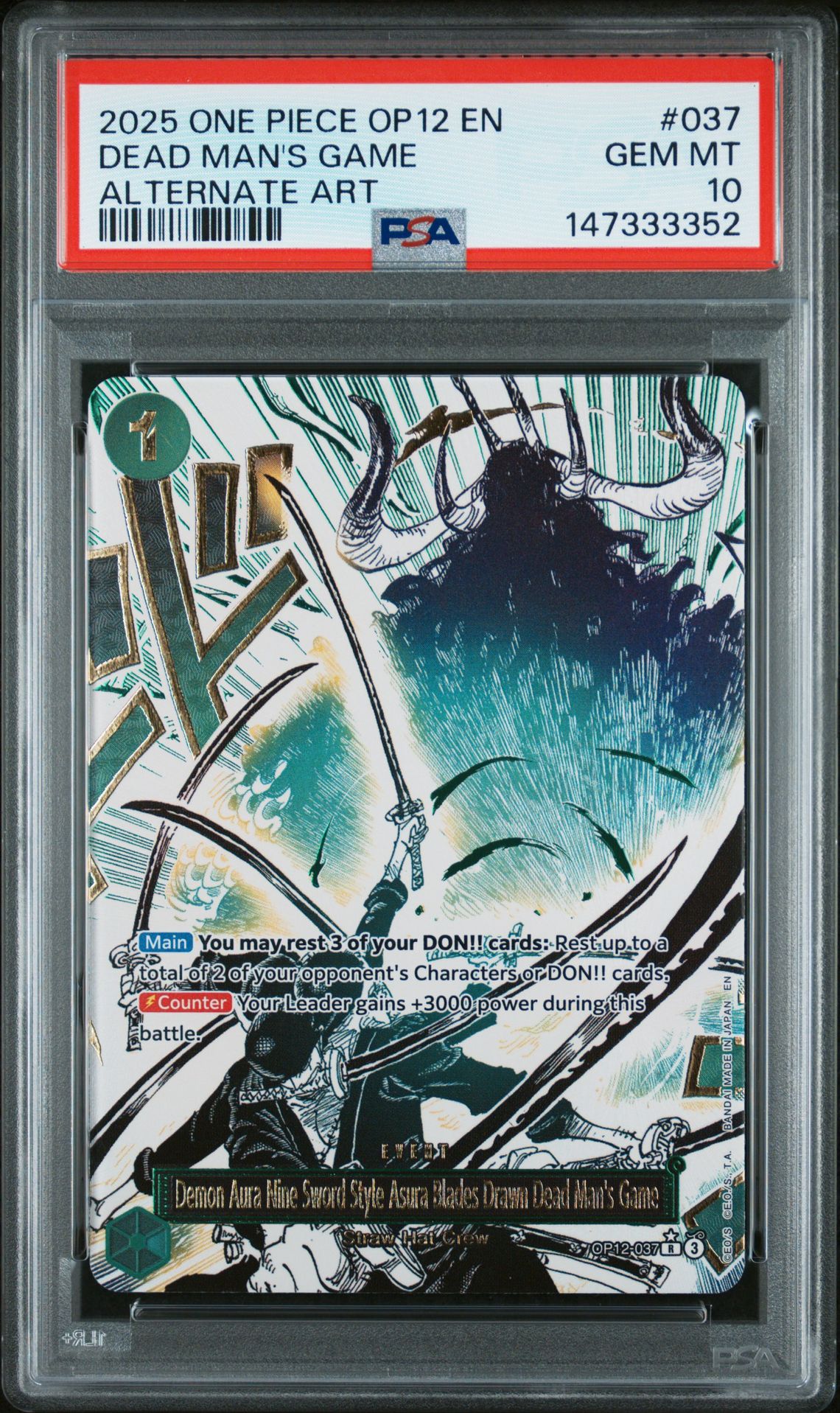 2025 One Piece Op12-Legacy Of The Master Dead Man's Game #037 (Alternate Art) Gem Mt 10 front