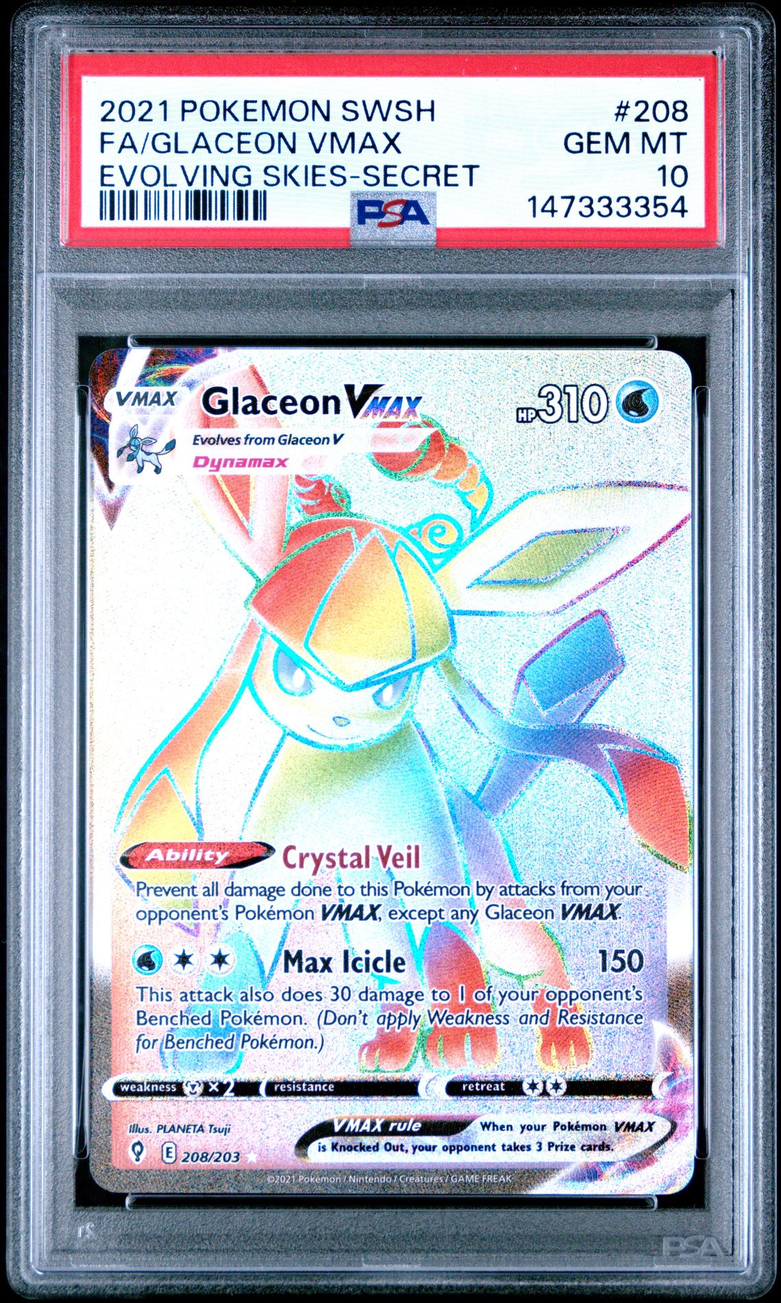 2021 Pokemon Sword & Shield Evolving Skies Fa/Glaceon Vmax #208 (Evolving Skies-Secret) Gem Mt 10 front