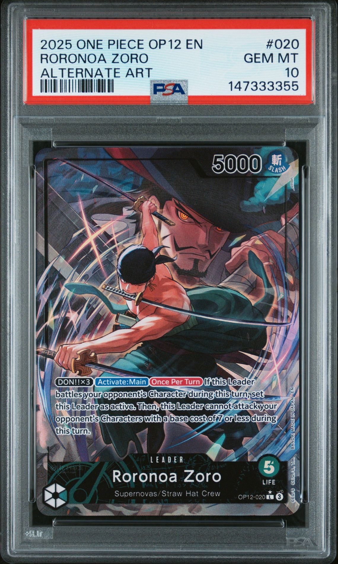 2025 One Piece Op12-Legacy Of The Master Roronoa Zoro #020 (Alternate Art) Gem Mt 10 front