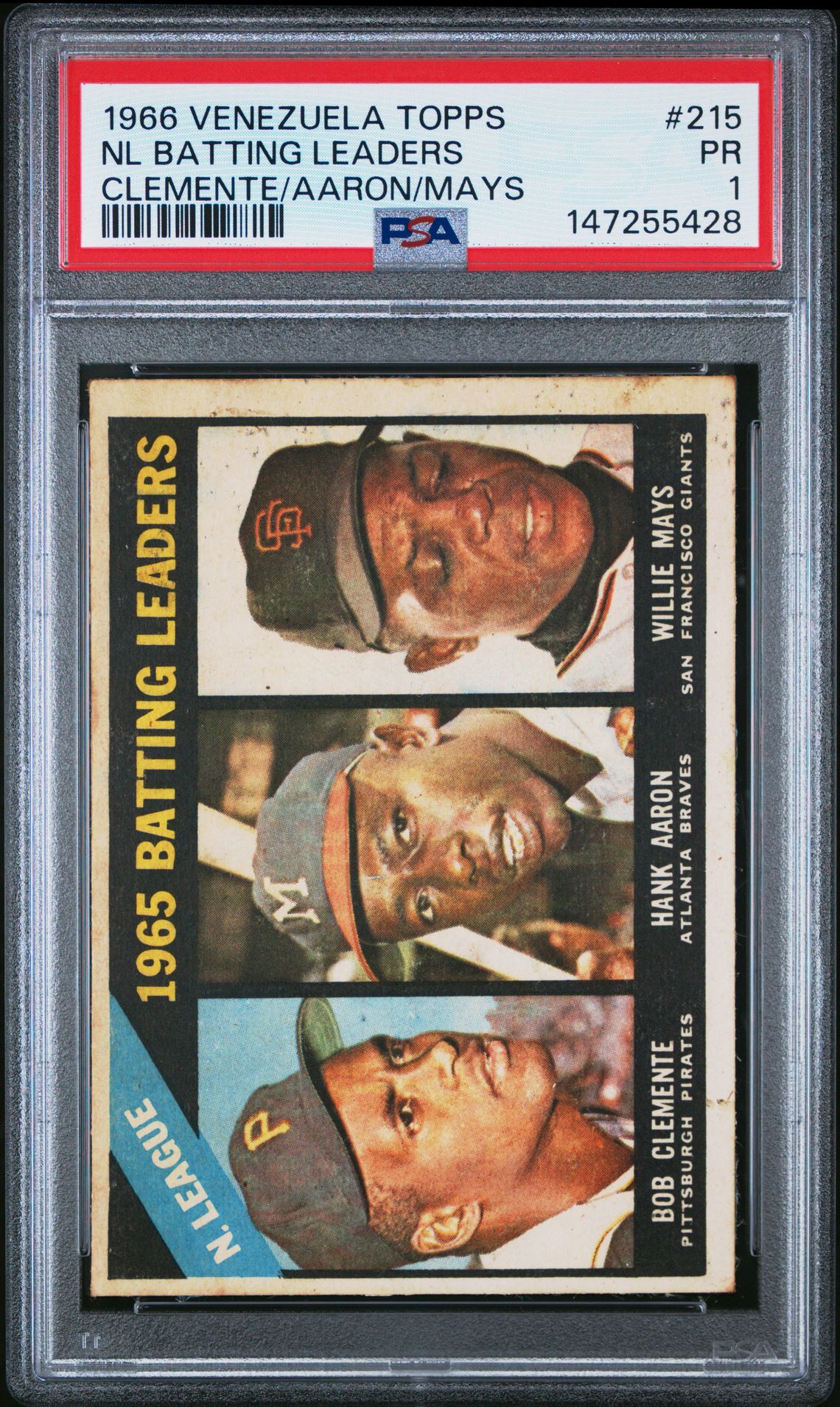1966 VENEZUELA TOPPS CLEMENTE/AARON/MAYS #215 Nl Batting Leaders front