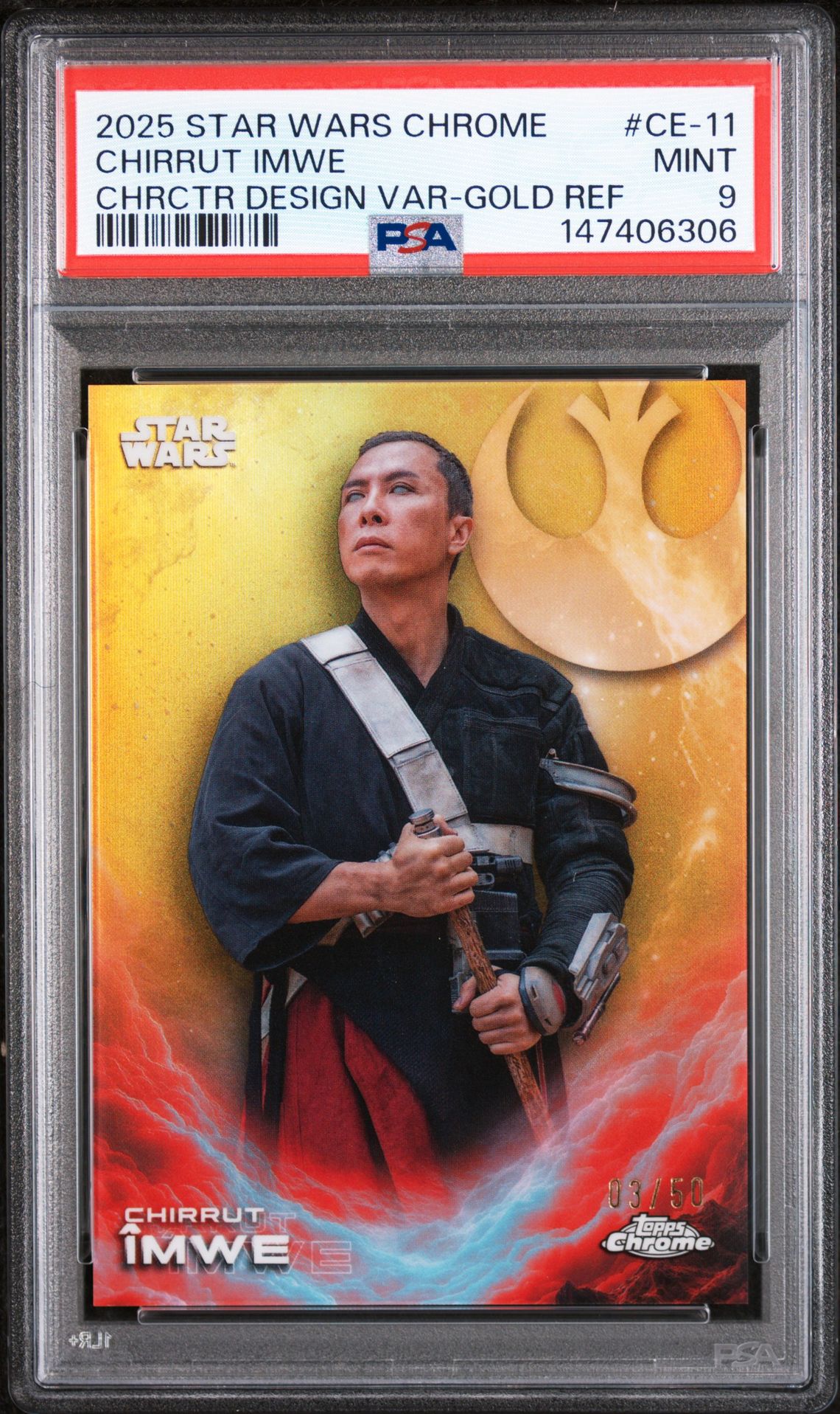2025 Topps Chrome Star Wars Character Design Variation Chirrut Imwe #Ce-11 (Chrctr Design Var-Gold Ref) Mint 9 front