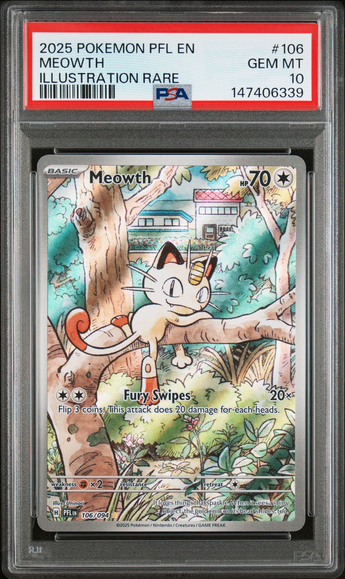 2025 Pokemon Pfl En-Phantasmal Flames Meowth #106 (Illustration Rare) Gem Mt 10 front
