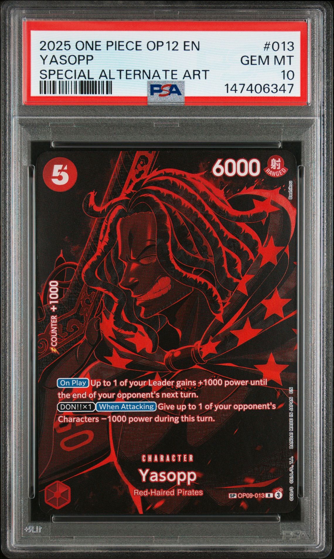 2025 One Piece Op12-Legacy Of The Master Yasopp #013 (Special Alternate Art) Gem Mt 10 front view - PSA graded GEM MT 10