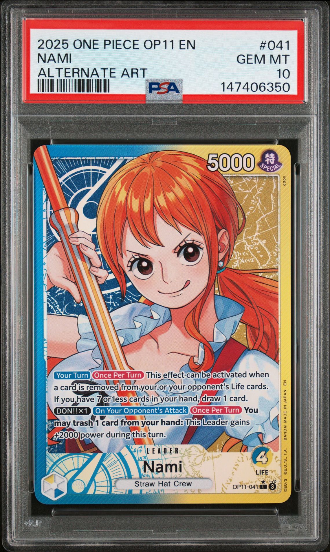 2025 One Piece Op11-A Fist Of Divine Speed Nami #041 (Alternate Art) Gem Mt 10 front view - PSA graded GEM MT 10