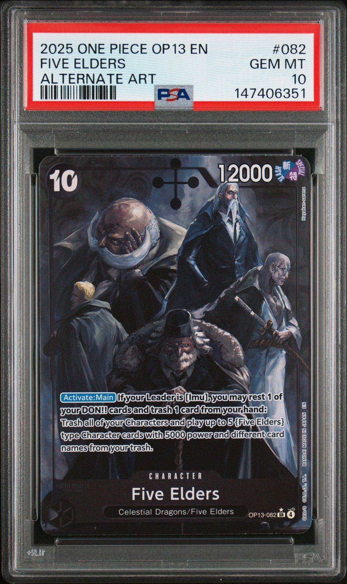 2025 One Piece Op13-Carrying On His Will Five Elders #082 (Alternate Art) Gem Mt 10 front view - PSA graded GEM MT 10