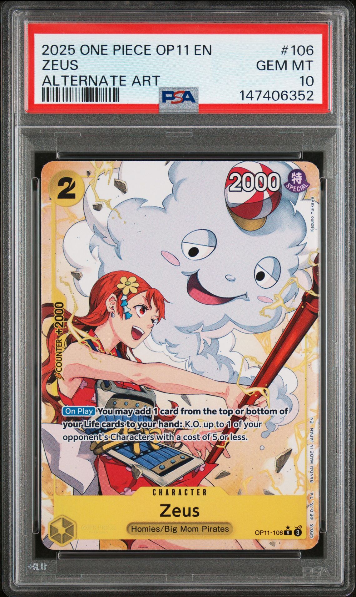 2025 One Piece Op11-A Fist Of Divine Speed Zeus #106 (Alternate Art) Gem Mt 10 front view - PSA graded GEM MT 10