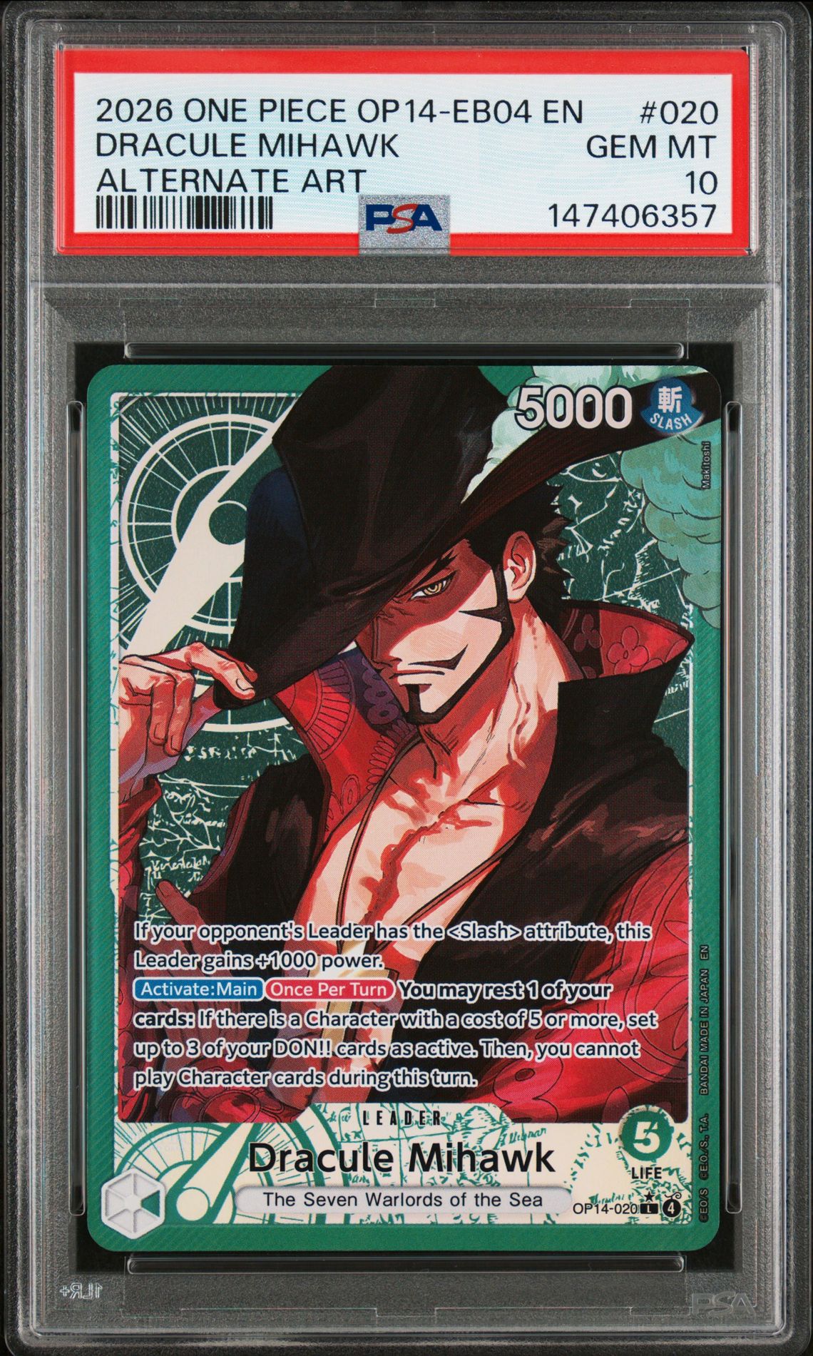 2026 One Piece Op14-Eb04-The Azure Sea's Seven Dracule Mihawk #020 (Alternate Art) Gem Mt 10 front view - PSA graded GEM MT 10