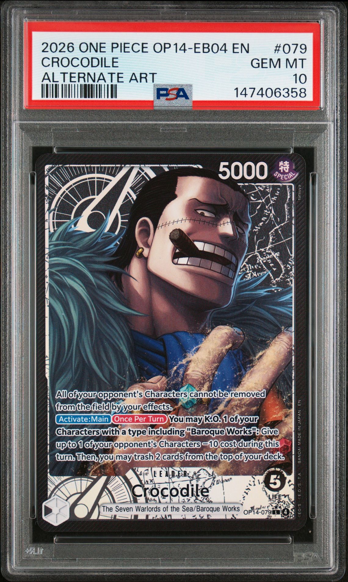 2026 One Piece Op14-Eb04-The Azure Sea's Seven Crocodile #079 (Alternate Art) Gem Mt 10 front view - PSA graded GEM MT 10