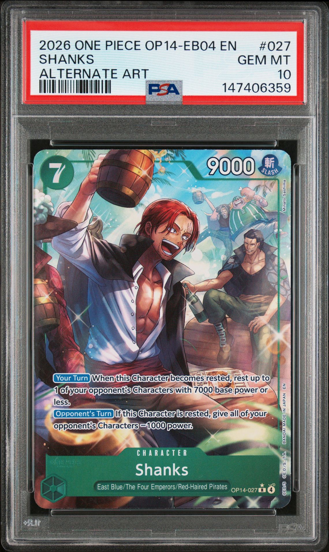 2026 One Piece Op14-Eb04-The Azure Sea's Seven Shanks #027 (Alternate Art) Gem Mt 10 front view - PSA graded GEM MT 10