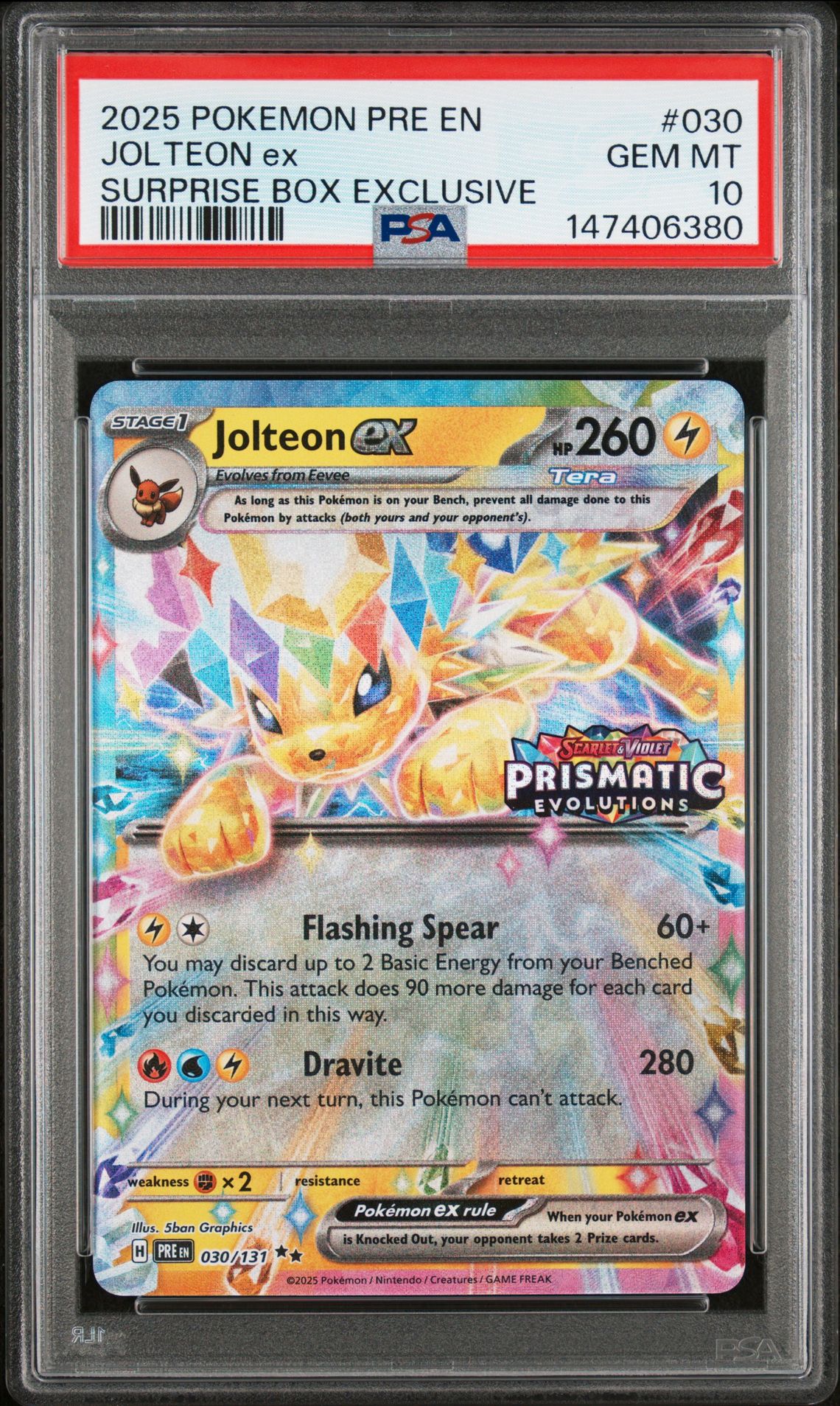 2025 Pokemon Pre En-Prismatic Evolutions Jolteon Ex #030 (Surprise Box Exclusive) Gem Mt 10 front
