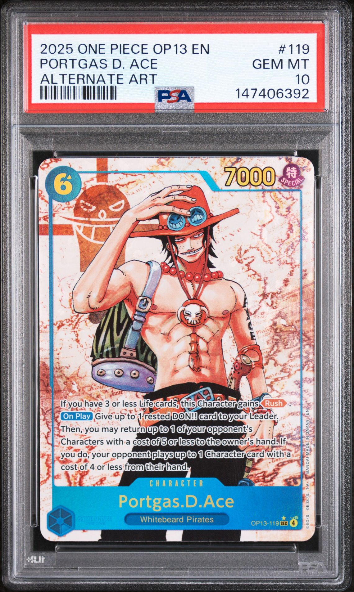 2025 ONE PIECE OP13-CARRYING ON HIS WILL PORTGAS D. ACE ALTERNATE ART 119 GEM MT 10 front