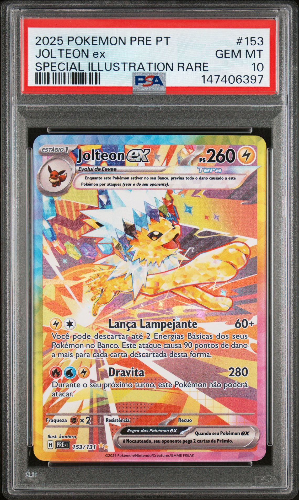 2025 Pokemon Portuguese Pre Pt-Prismatic Evolutions Jolteon Ex #153 (Special Illustration Rare) Gem Mt 10 front view - PSA graded GEM MT 10
