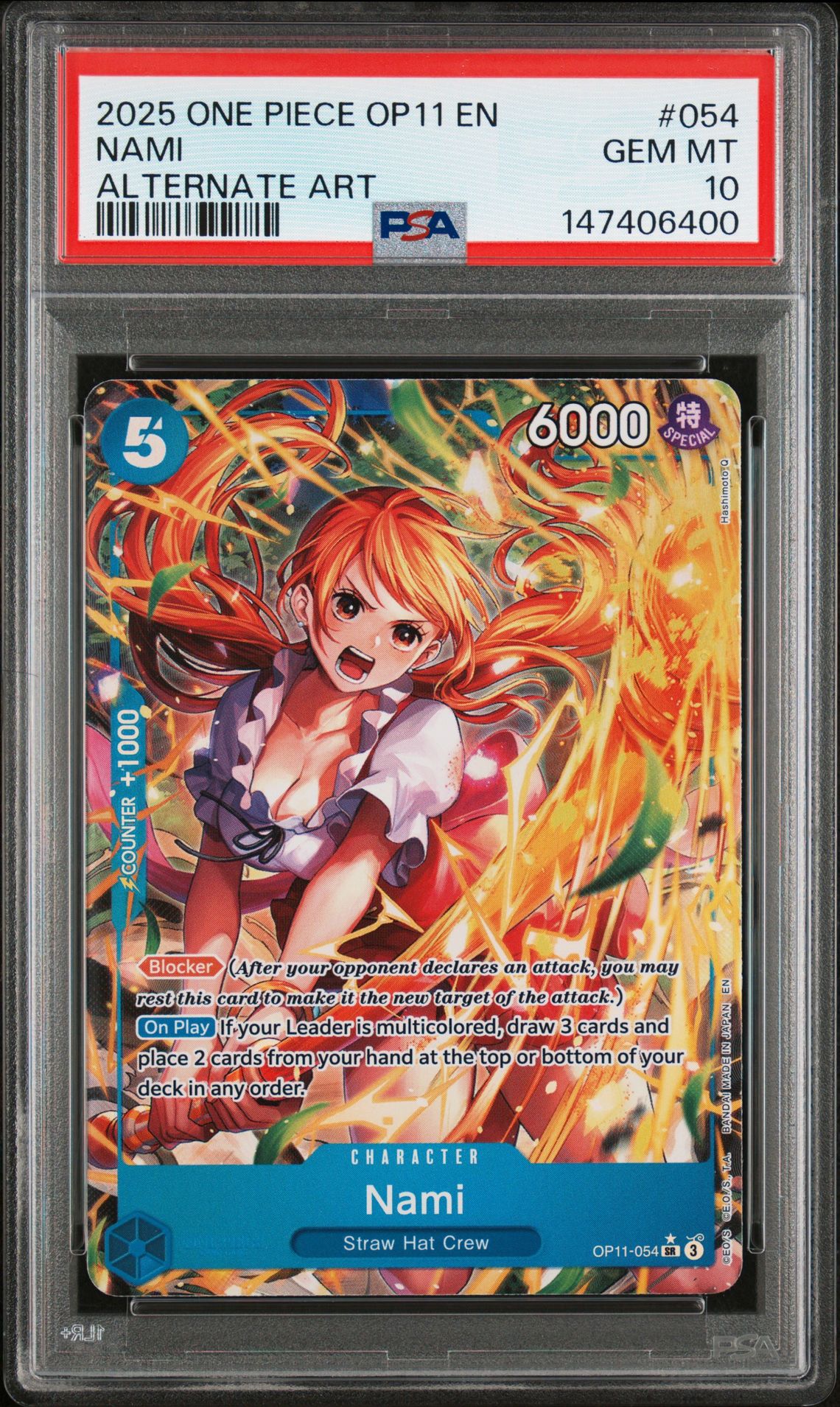 2025 One Piece Op11-A Fist Of Divine Speed Nami #054 (Alternate Art) Gem Mt 10 front view - PSA graded GEM MT 10