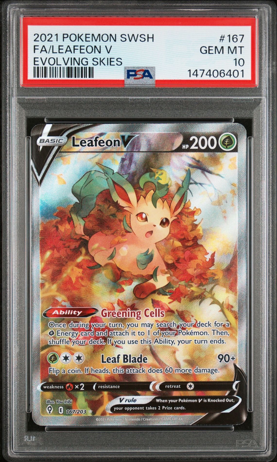 2021 Pokemon Sword & Shield Evolving Skies Fa/Leafeon V #167 (Evolving Skies) Gem Mt 10 front view - PSA graded GEM MT 10