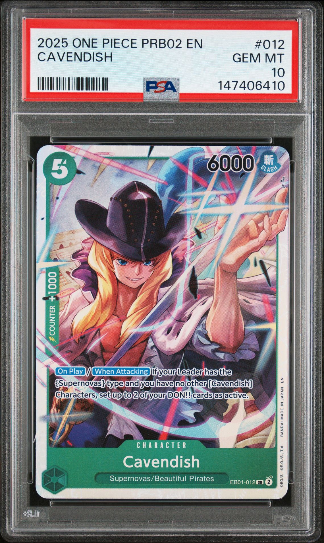 2025 One Piece Prb02-Premium Booster -One Piece Card The Best- Vol.2 Cavendish #012 Gem Mt 10 front view - PSA graded GEM MT 10
