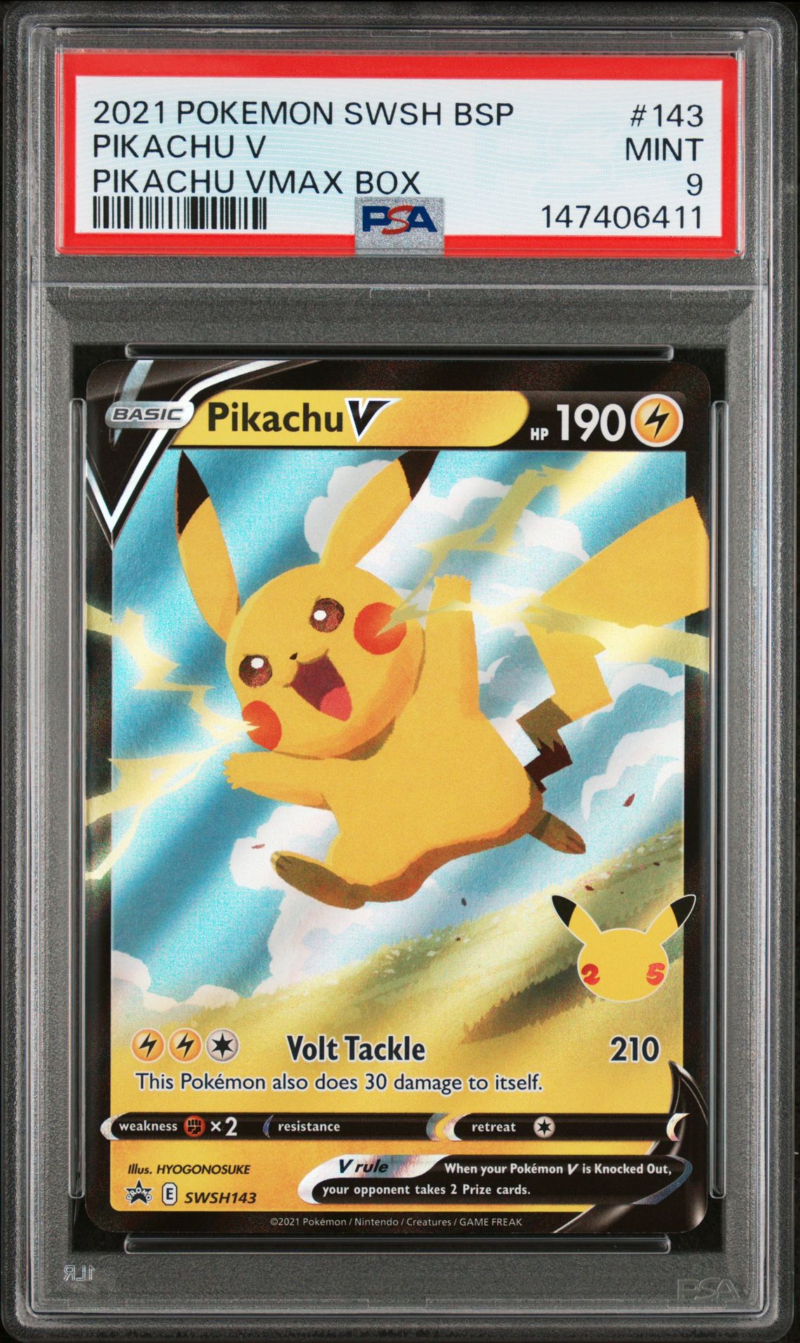 2021 Pokemon Swsh Black Star Promo Pikachu V #143 (Pikachu Vmax Box) Mint 9 front