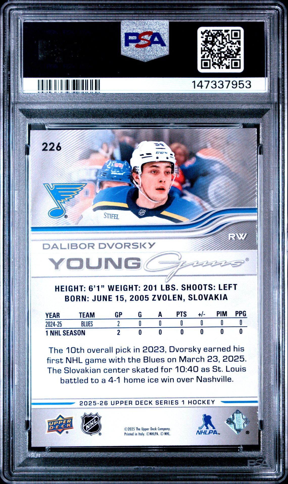 2025 Upper Deck Dalibor Dvorsky #226 Gem Mt 10 back