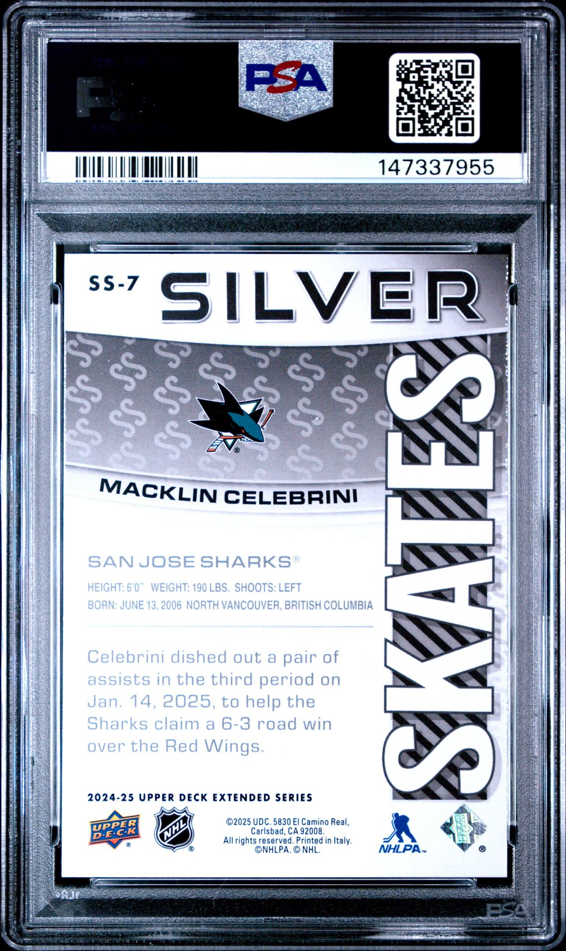 2024 Upper Deck Extended Series Silver Skates Macklin Celebrini #Ss7 Gem Mt 10 back