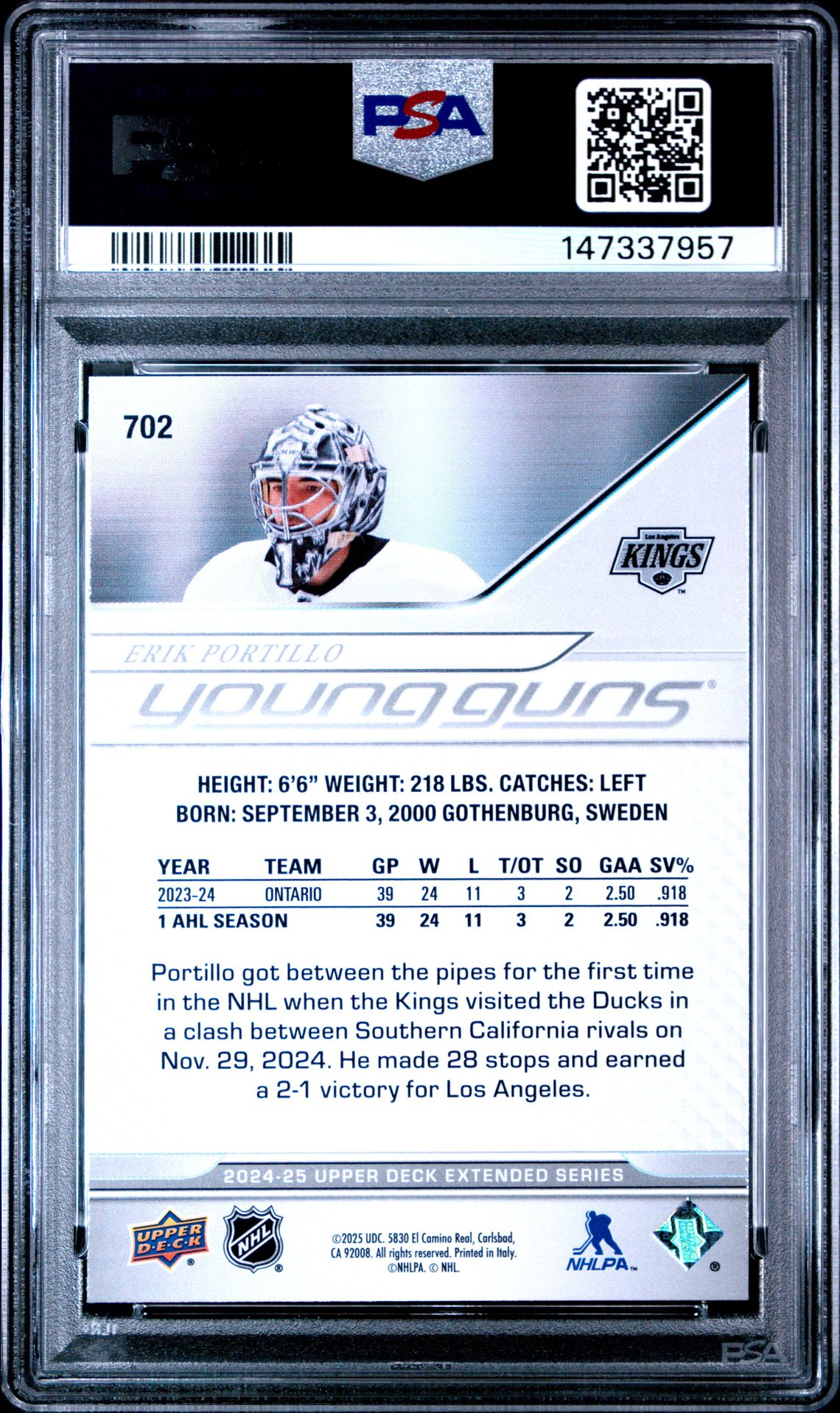 2024 Upper Deck Erik Portillo #702 Gem Mt 10 back