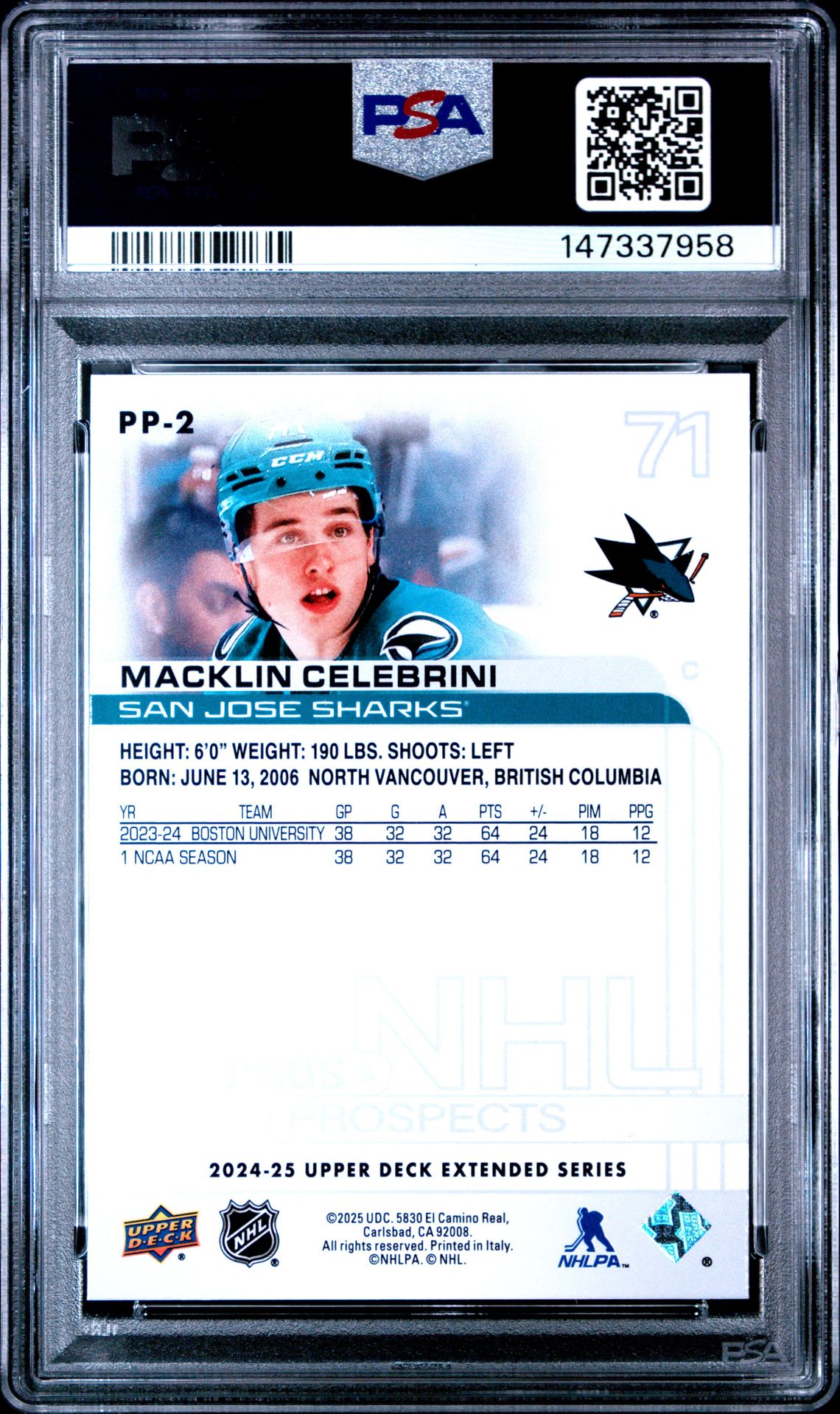 2024 Upper Deck Extended Series Pros & Prospects Macklin Celebrini #Pp2 Gem Mt 10 back