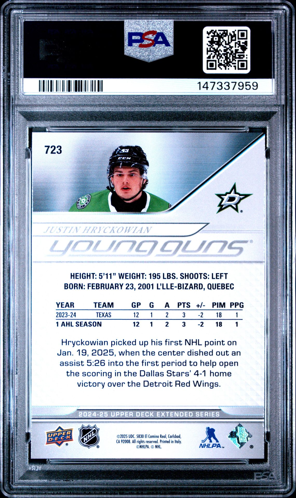 2024 Upper Deck Justin Hryckowian #723 Gem Mt 10 back