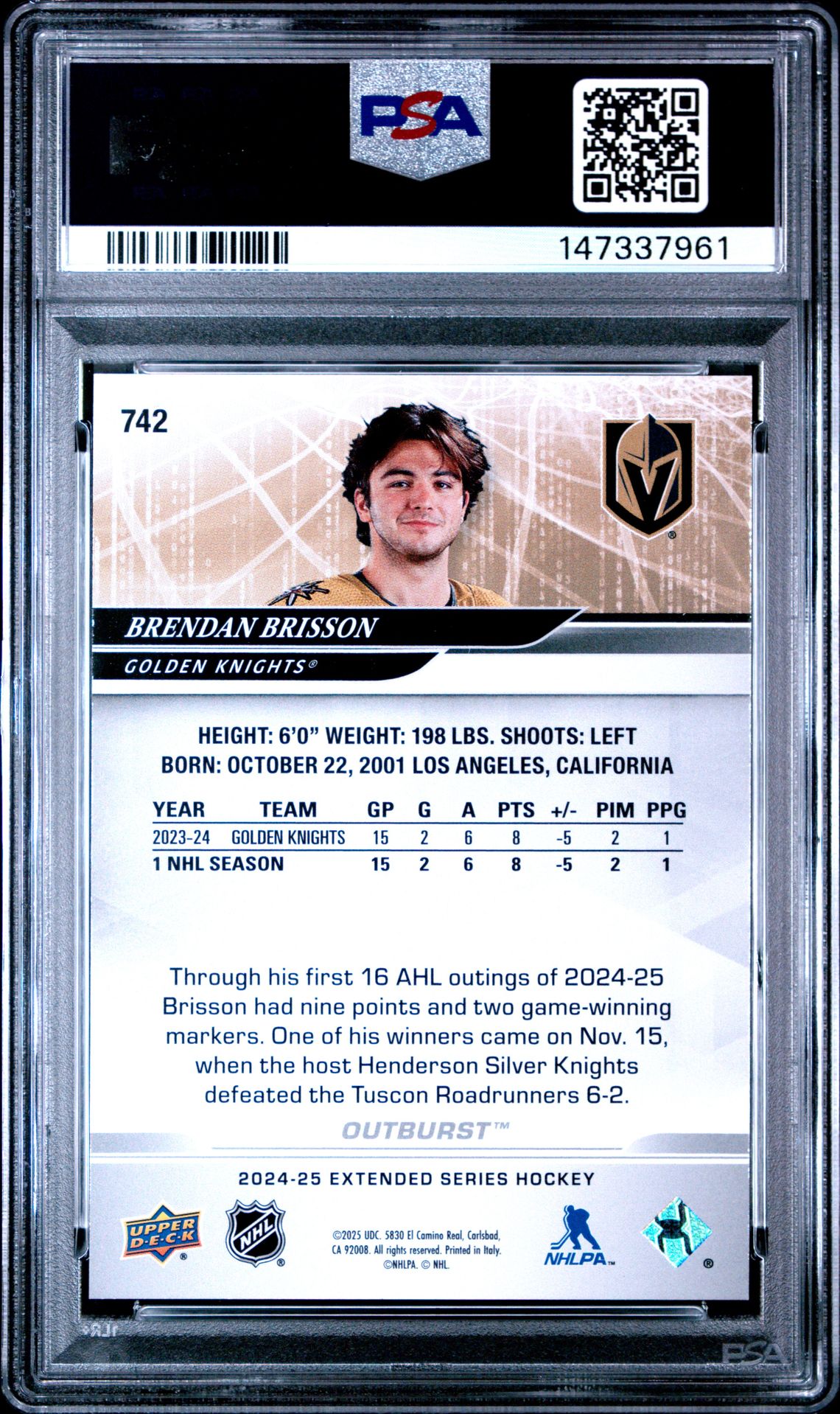 2024 Upper Deck Brendan Brisson #742 (Outburst Red) Gem Mt 10 back