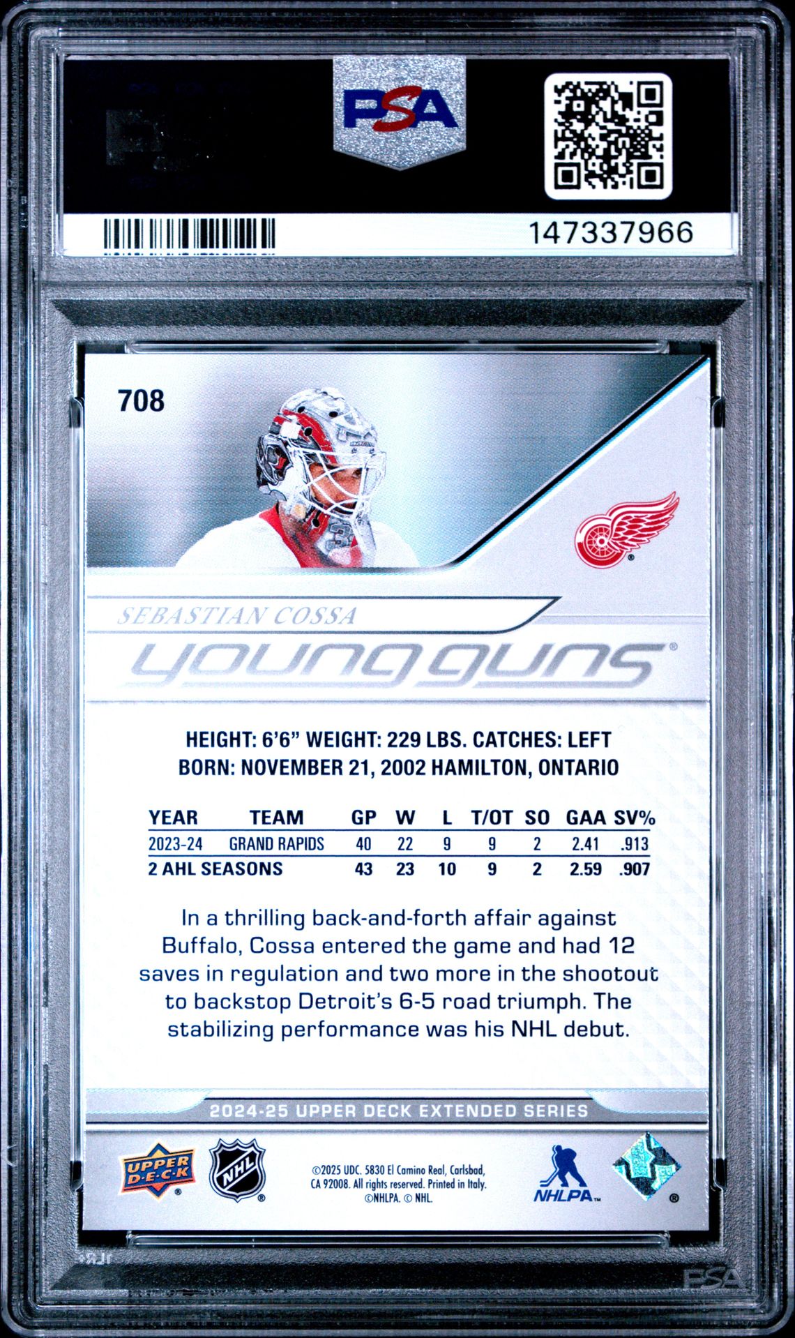 2024 Upper Deck Sebastian Cossa #708 Gem Mt 10 back