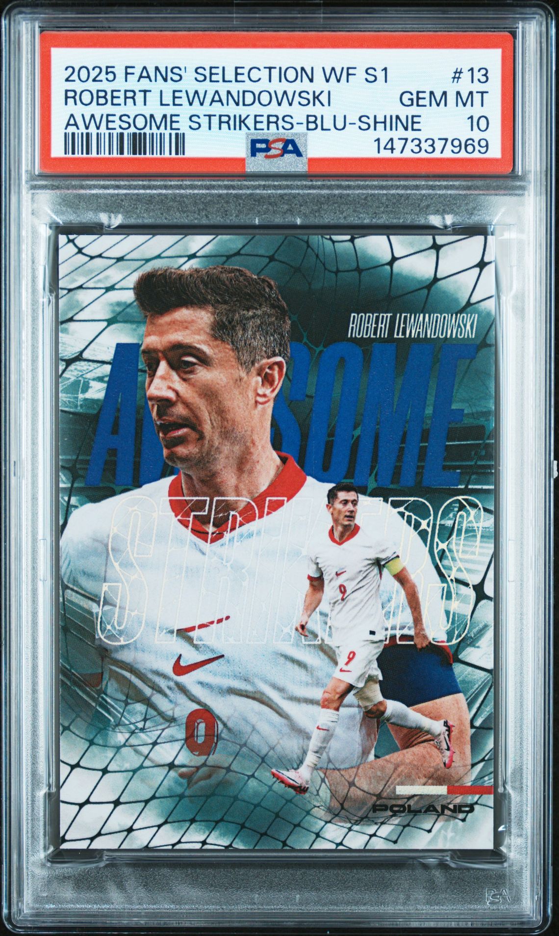 2025 Futera Fans' Selection World Football Series 1 Awesome Strikers Robert Lewandowski #13 (Awesome Strikers-Blu-Shine) Gem Mt 10 front