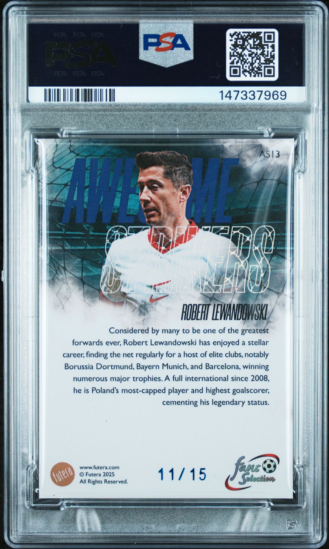 2025 Futera Fans' Selection World Football Series 1 Awesome Strikers Robert Lewandowski #13 (Awesome Strikers-Blu-Shine) Gem Mt 10 back
