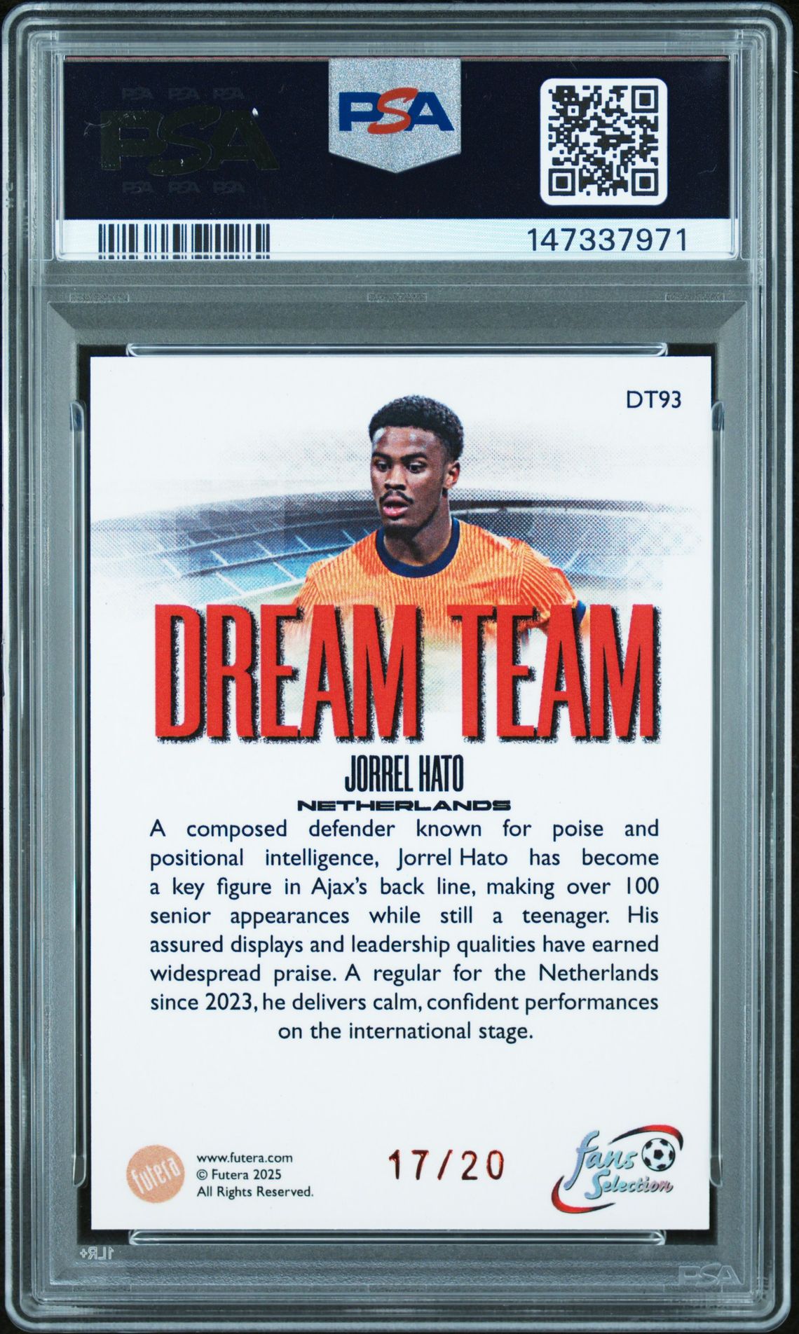 2025 Futera Fans' Selection World Football Series 1 Dream Team Jorrel Hato #Dt93 (Dream Team-Red-Shine) Mint 9 back