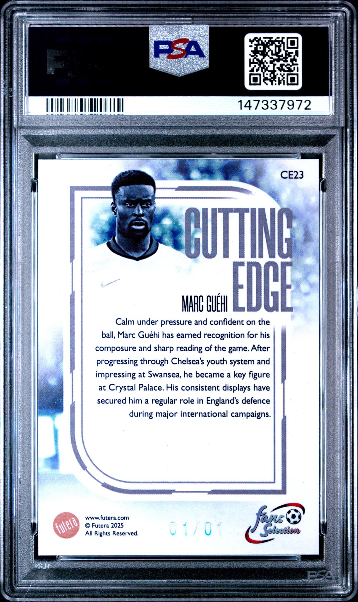 2025 Futera Fans' Selection World Football Series 1 Cutting Edge Marc Guehi #Ce23 (Cutting Edge-Hypno-Shine 1/1) Mint 9 back