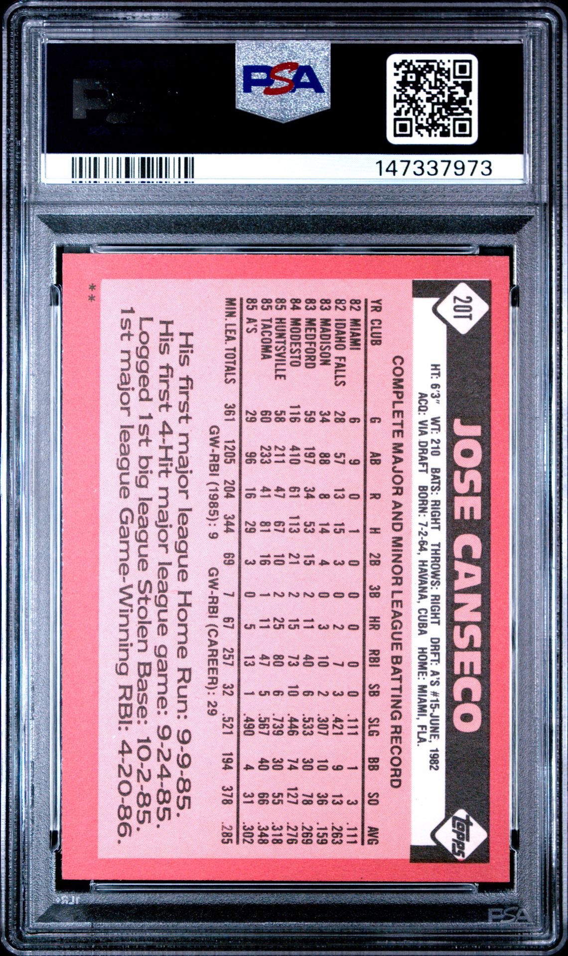 1986 Topps Traded Jose Canseco #20T Nm-Mt 8 back