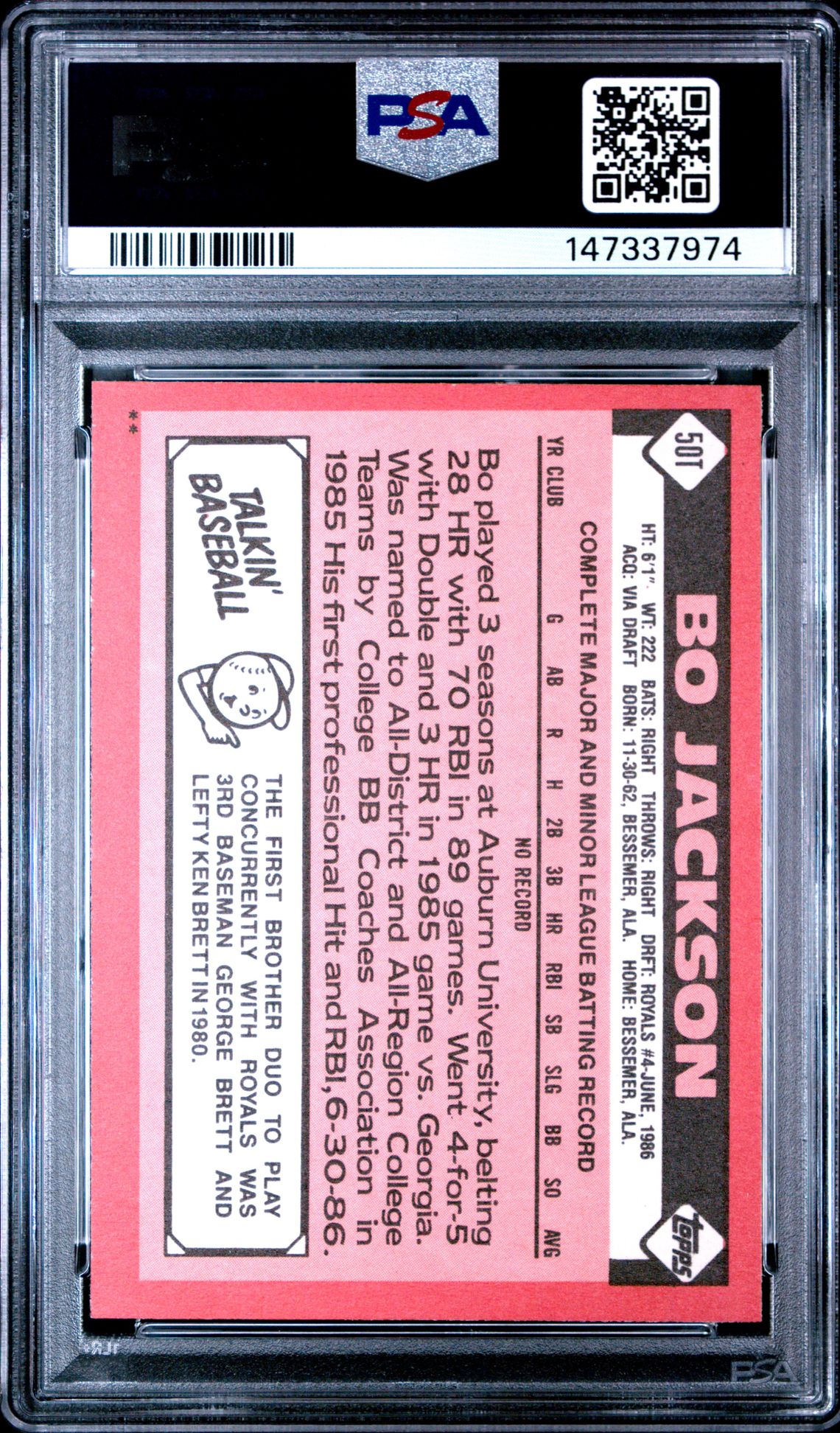 1986 Topps Traded Bo Jackson #50T Nm-Mt 8 back