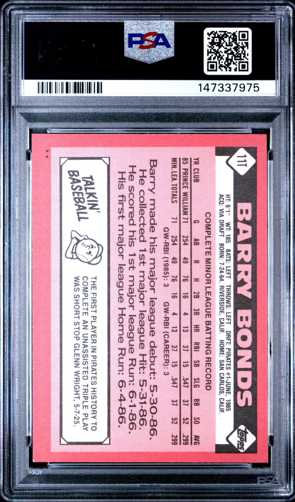 1986 Topps Traded Barry Bonds #11T Nm-Mt 8 back