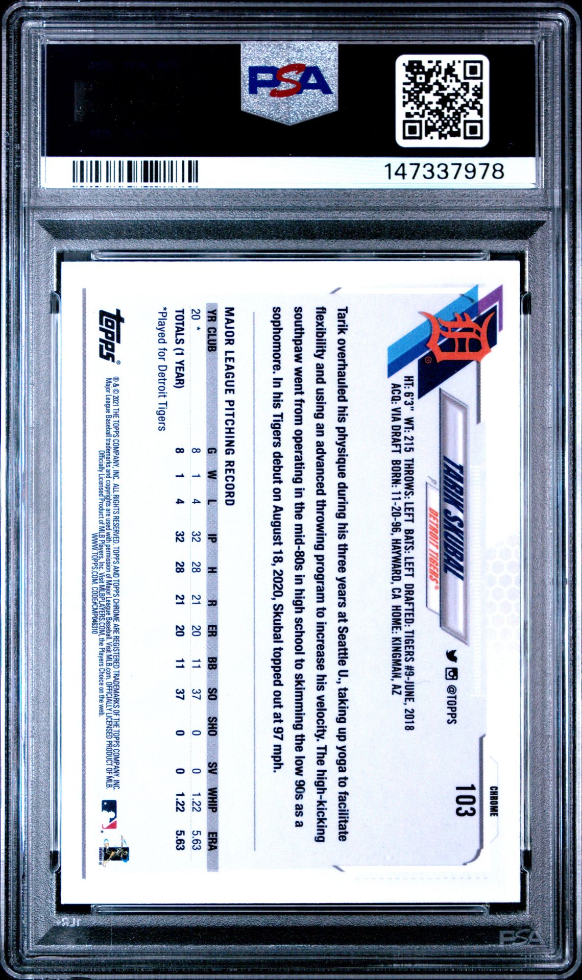 2021 Topps Chrome Tarik Skubal #103 (Pink Refractor) Mint 9 back