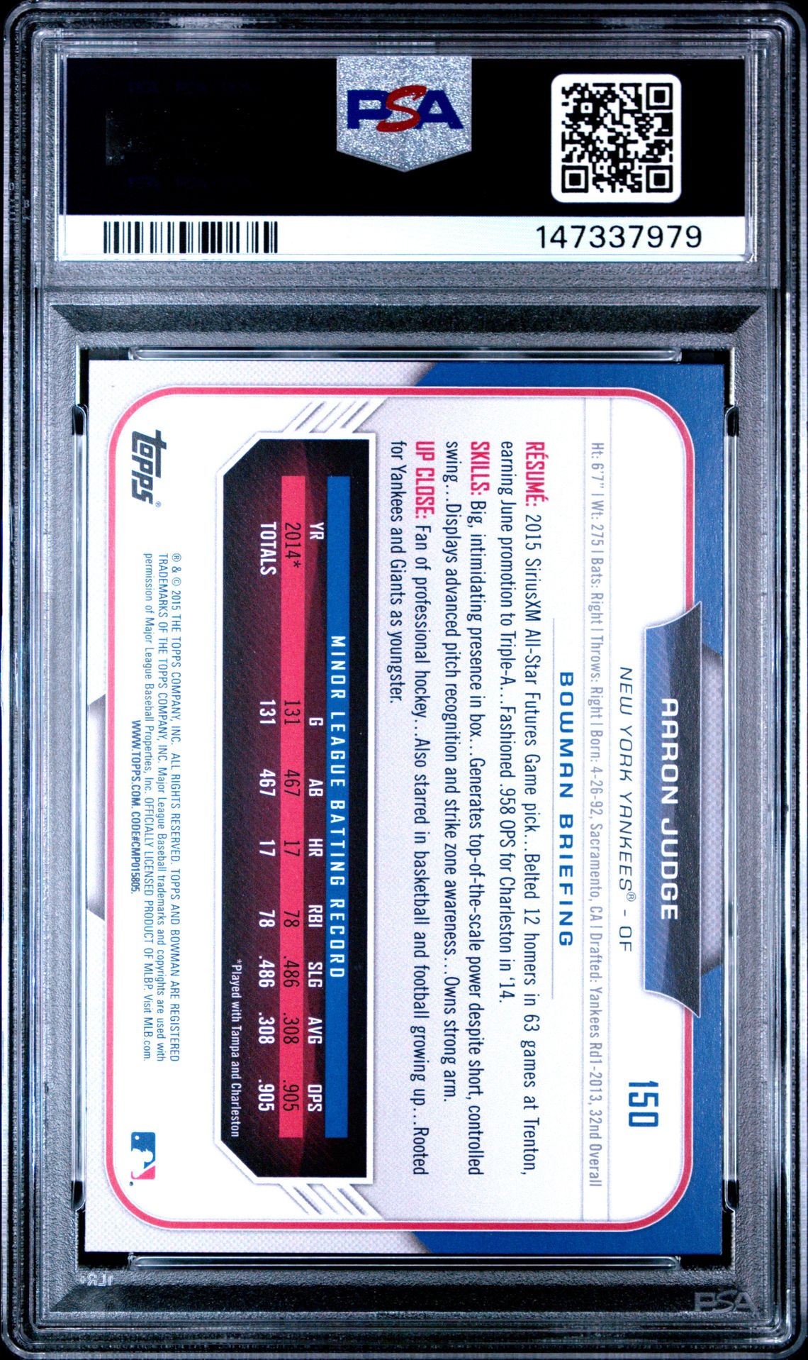 2015 Bowman Draft Aaron Judge #150 Mint 9 back