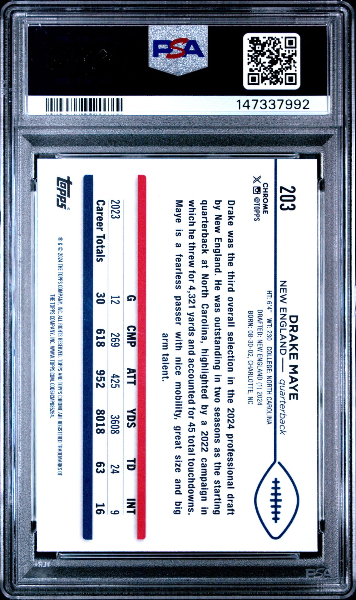 2024 Topps Chrome Drake Maye #203 Nm-Mt 8 back