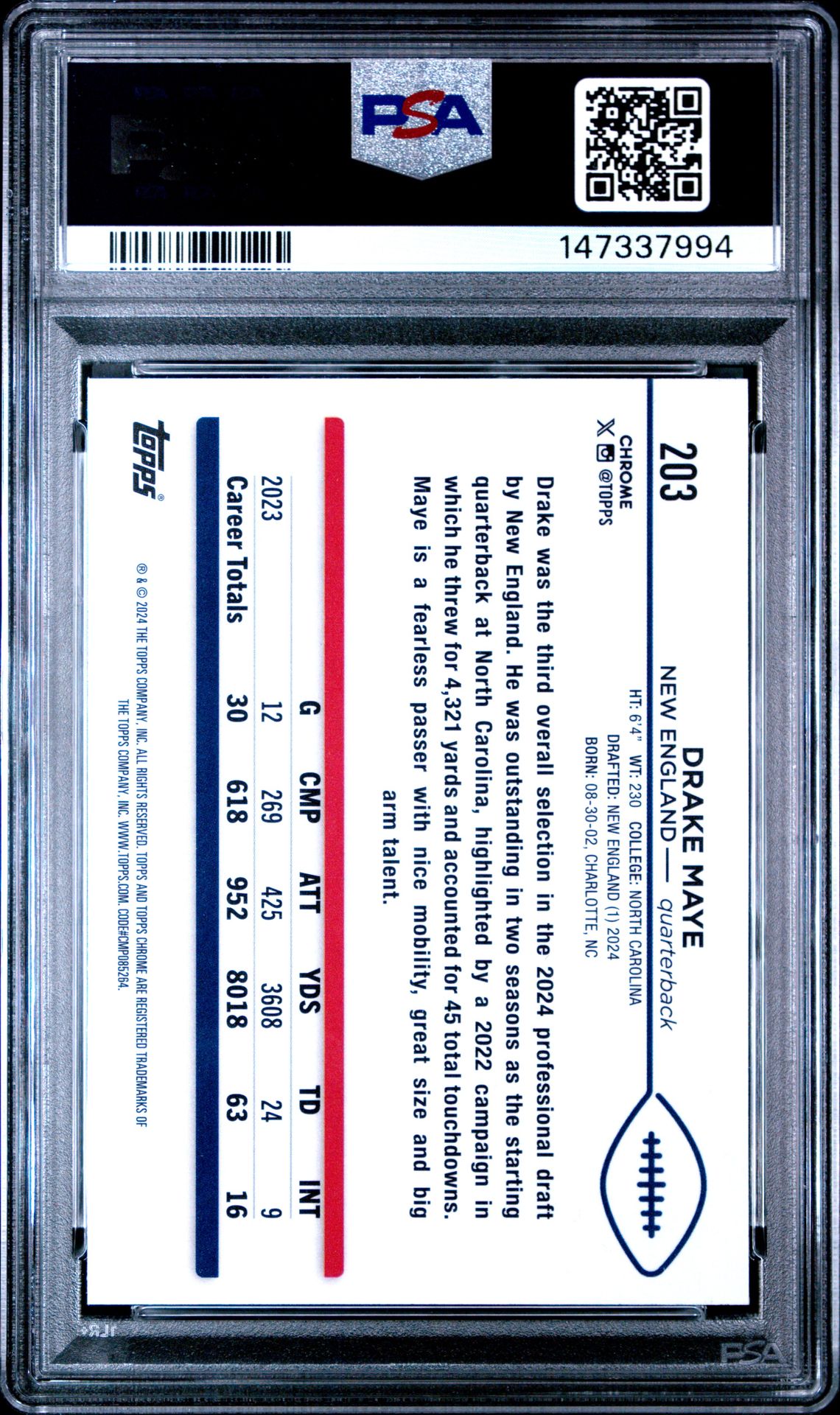 2024 Topps Chrome Drake Maye #203 Mint 9 back