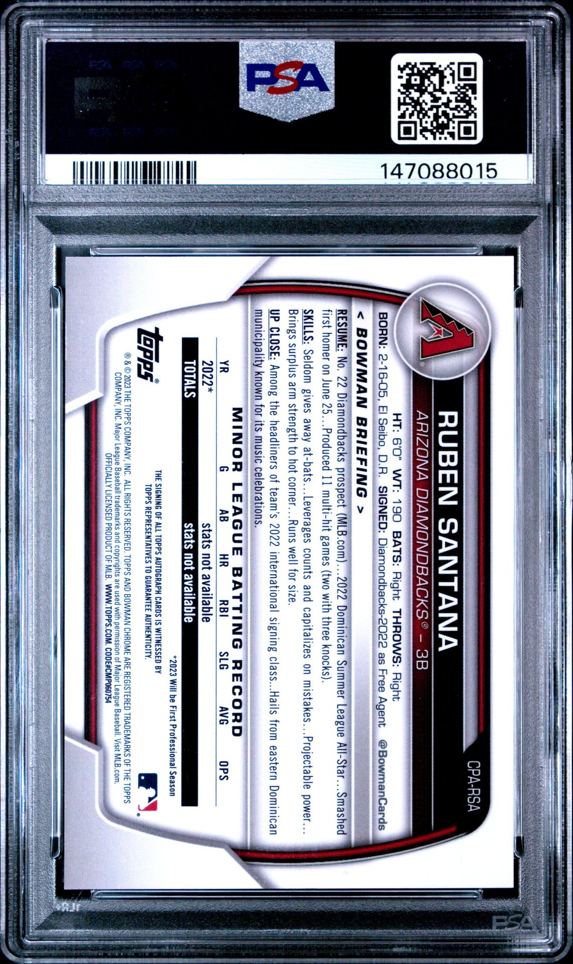 2023 Bowman Chrome Prospect Autographs Ruben Santana #Cparsa (Prospect Autograph) Gem Mt 10 back