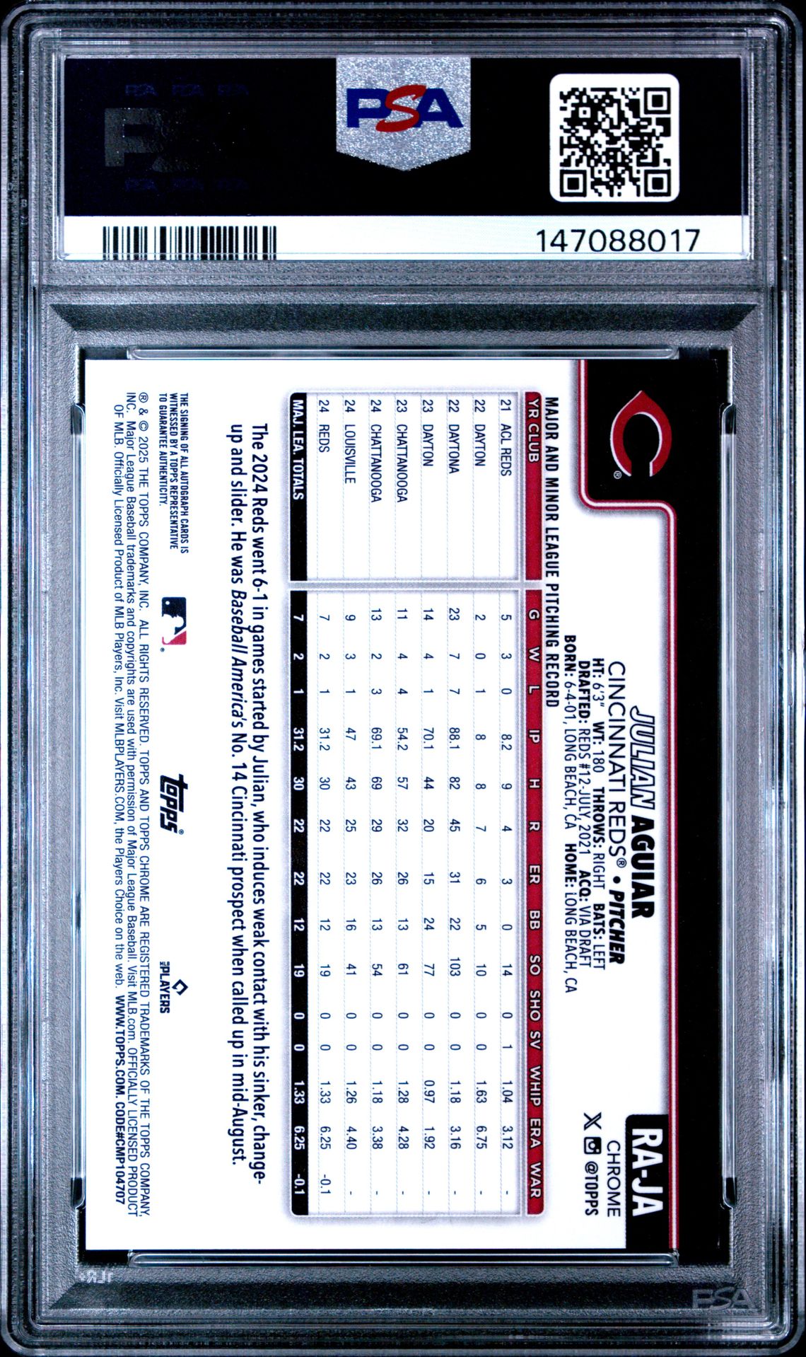 2025 Topps Chrome Rookie Autographs Julian Aguiar #Raja Mint 9 back