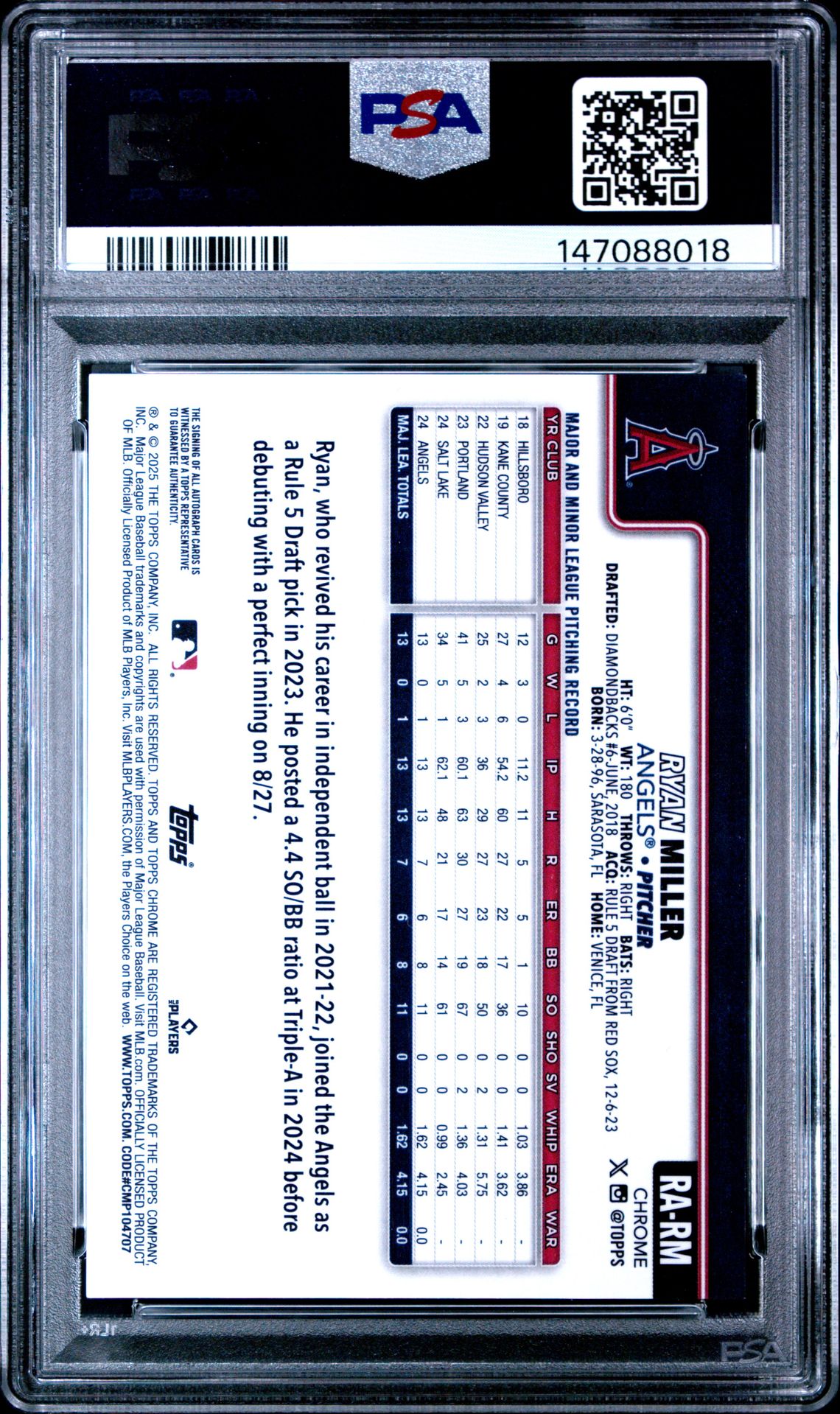 2025 Topps Chrome Rookie Autographs Ryan Miller #Rarm Gem Mt 10 back