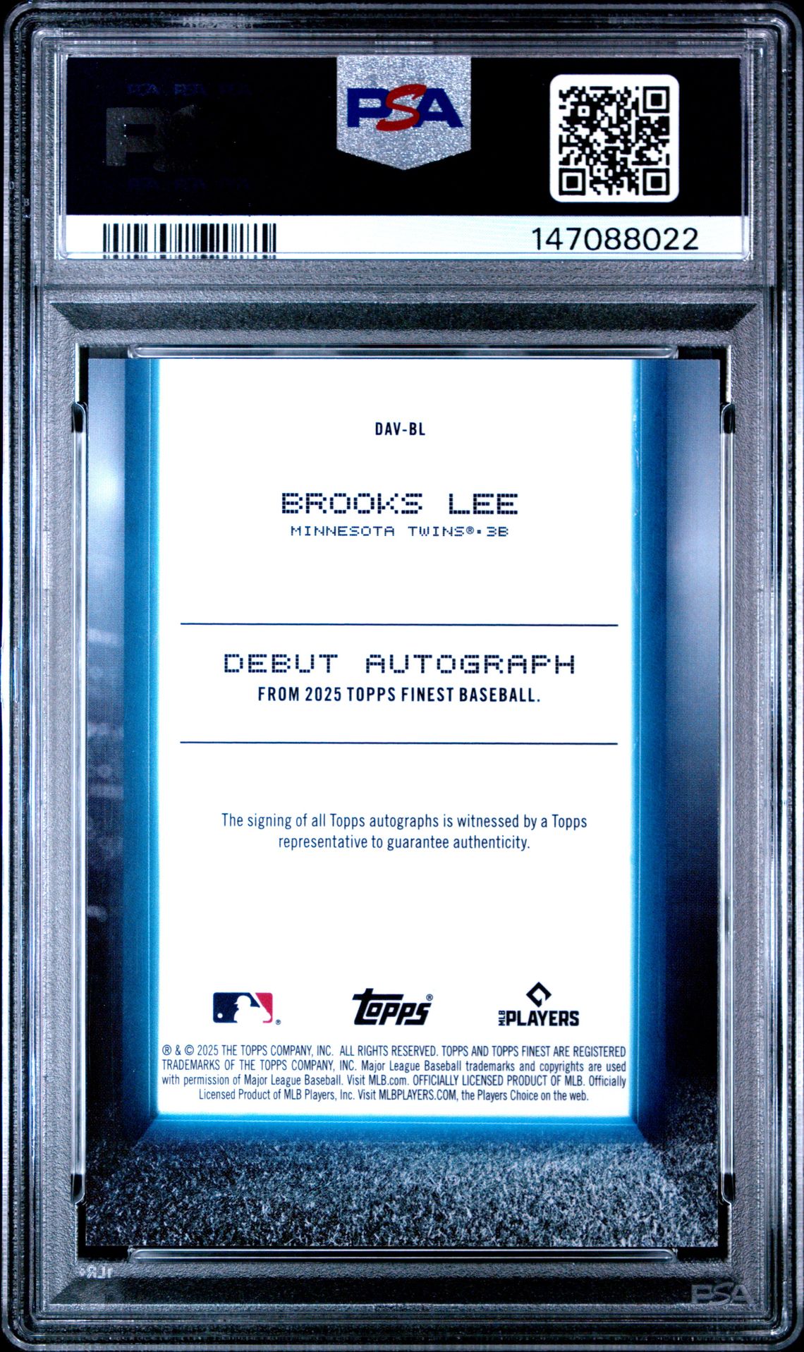2025 Topps Finest Debut Autographs Brooks Lee #Davbl (Debut Autograph-Blue Ref) Mint 9 back