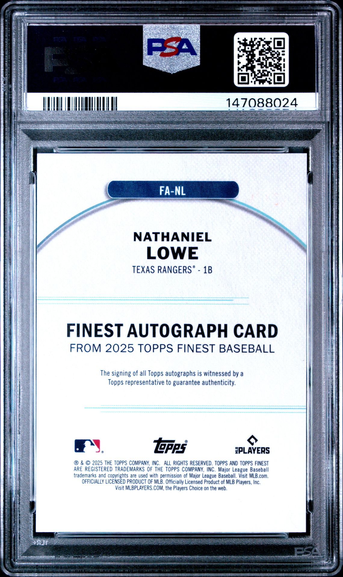 2025 Topps Finest Finest Autographs Nathaniel Lowe #Nl (Finest Autograph-Blue Ref) Mint 9 back
