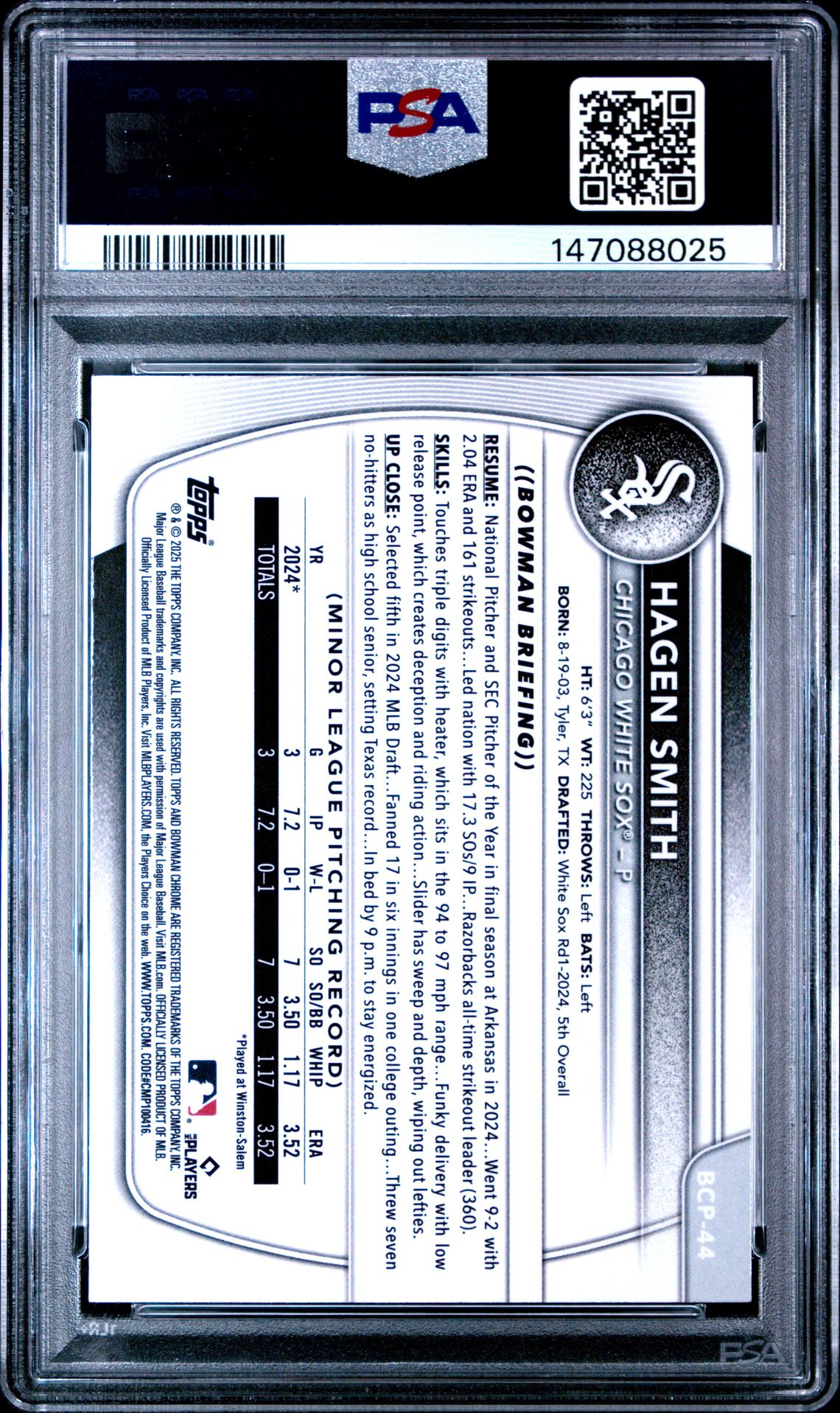 2025 Bowman Chrome Prospects Hagen Smith #Bcp44 (Chrome Pros-Fuchsia Ref) Mint 9 back