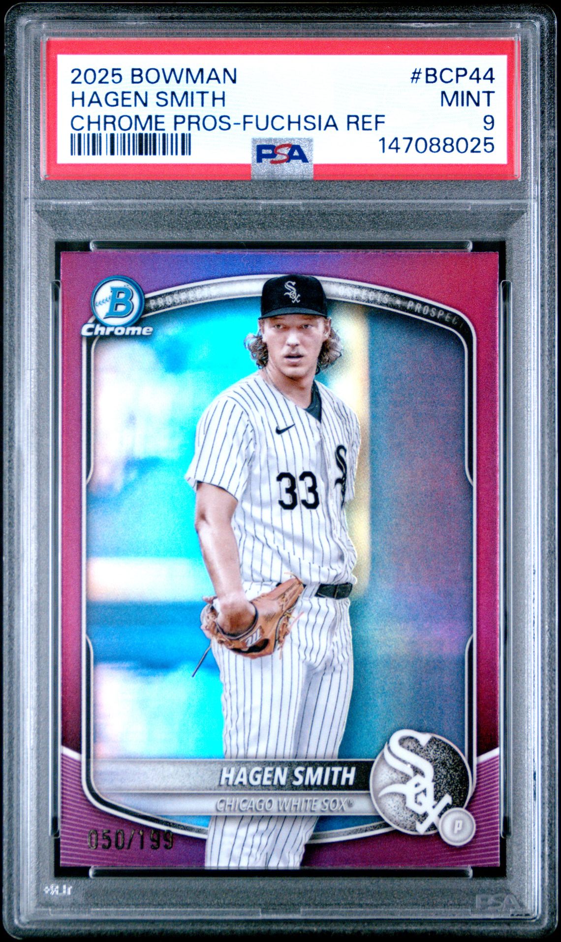 2025 Bowman Chrome Prospects Hagen Smith #Bcp44 (Chrome Pros-Fuchsia Ref) Mint 9 front