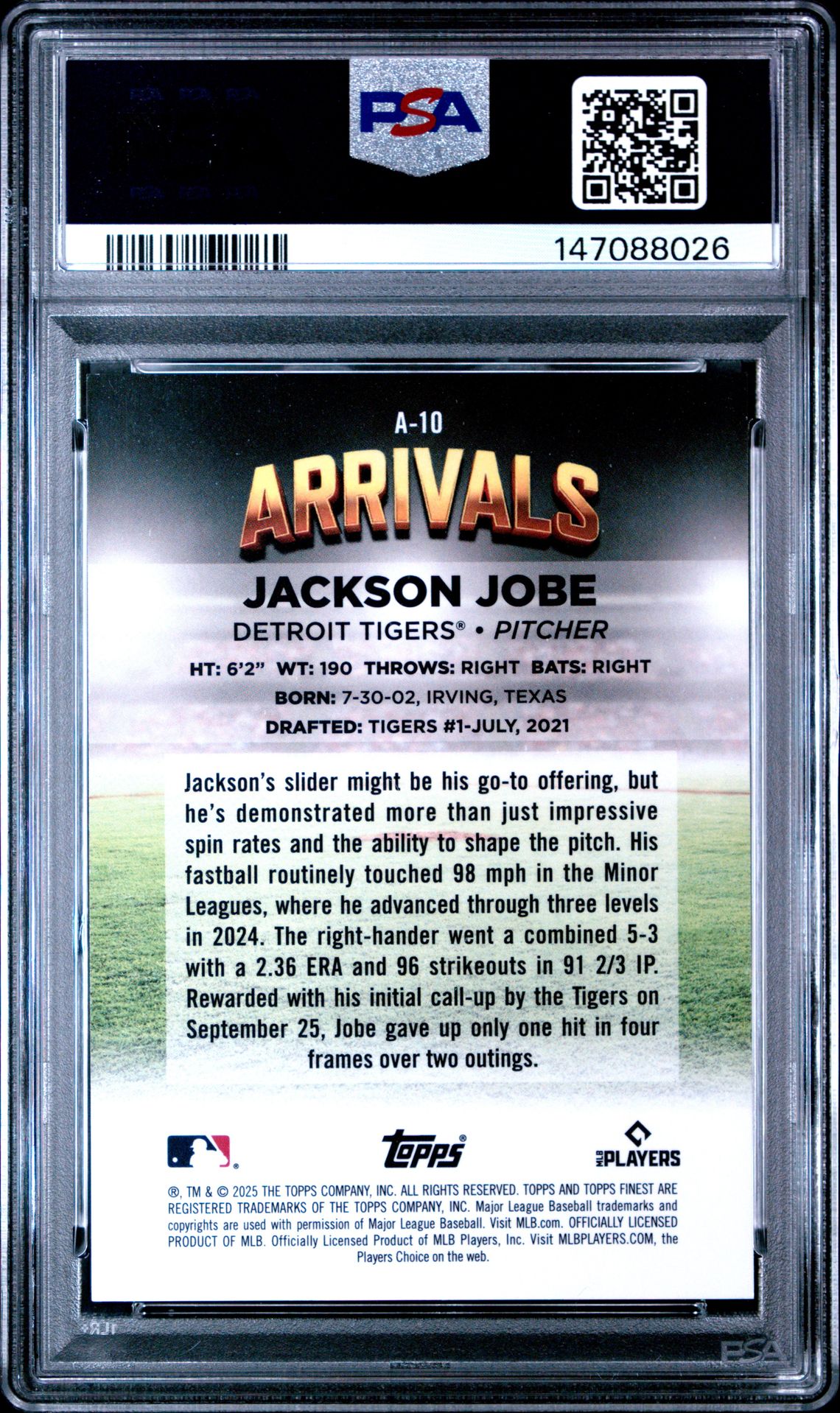2025 Topps Finest Arrivals Jackson Jobe #A10 (Arrivals-Gold Refractor) Gem Mt 10 back