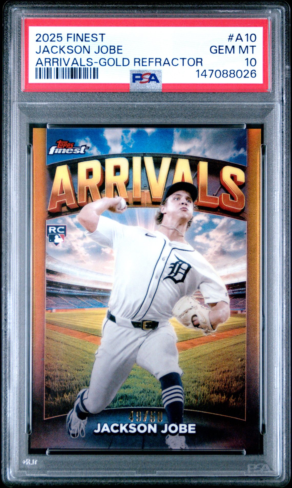 2025 Topps Finest Arrivals Jackson Jobe #A10 (Arrivals-Gold Refractor) Gem Mt 10 front